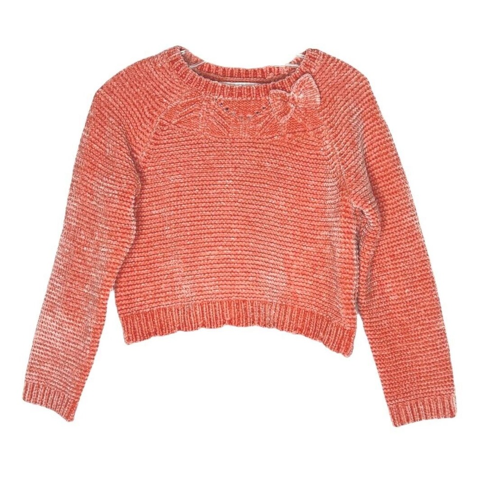 Tommy Bahama Sweater Girls Small 5/6 Pink Chenille Bow Open Knit Crop‎ Length